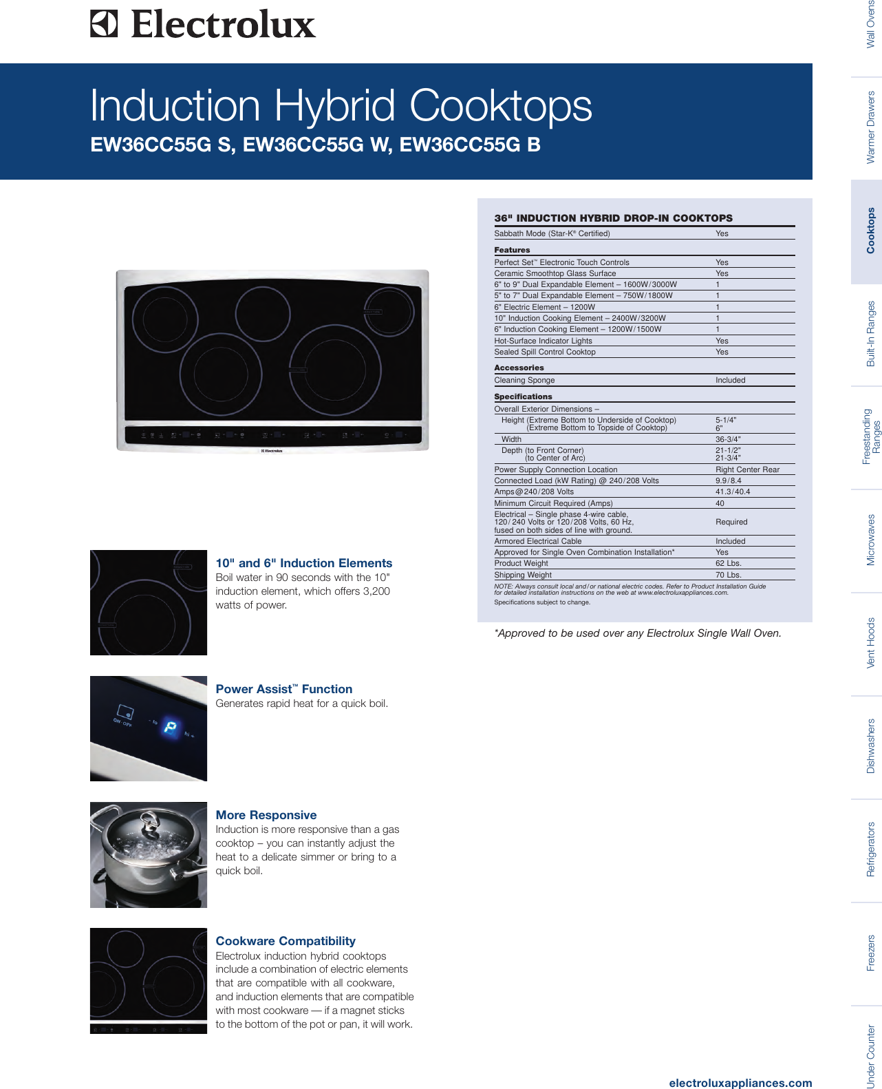 Electrolux Ew36cc55gw Users Manual Induction Hybrid Cooktops