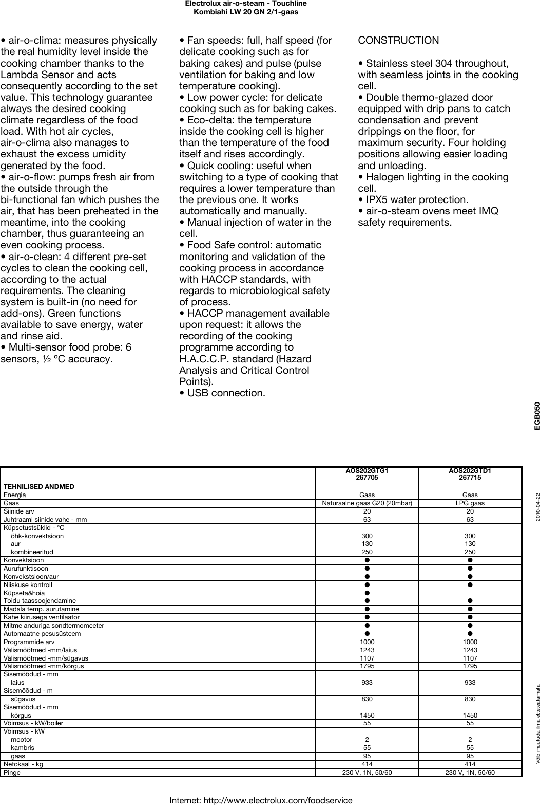 Page 2 of 4 - Electrolux Electrolux-Lw-20-Gn-2-1-Gaas-Users-Manual- Air-o-steam - Touchline  Electrolux-lw-20-gn-2-1-gaas-users-manual