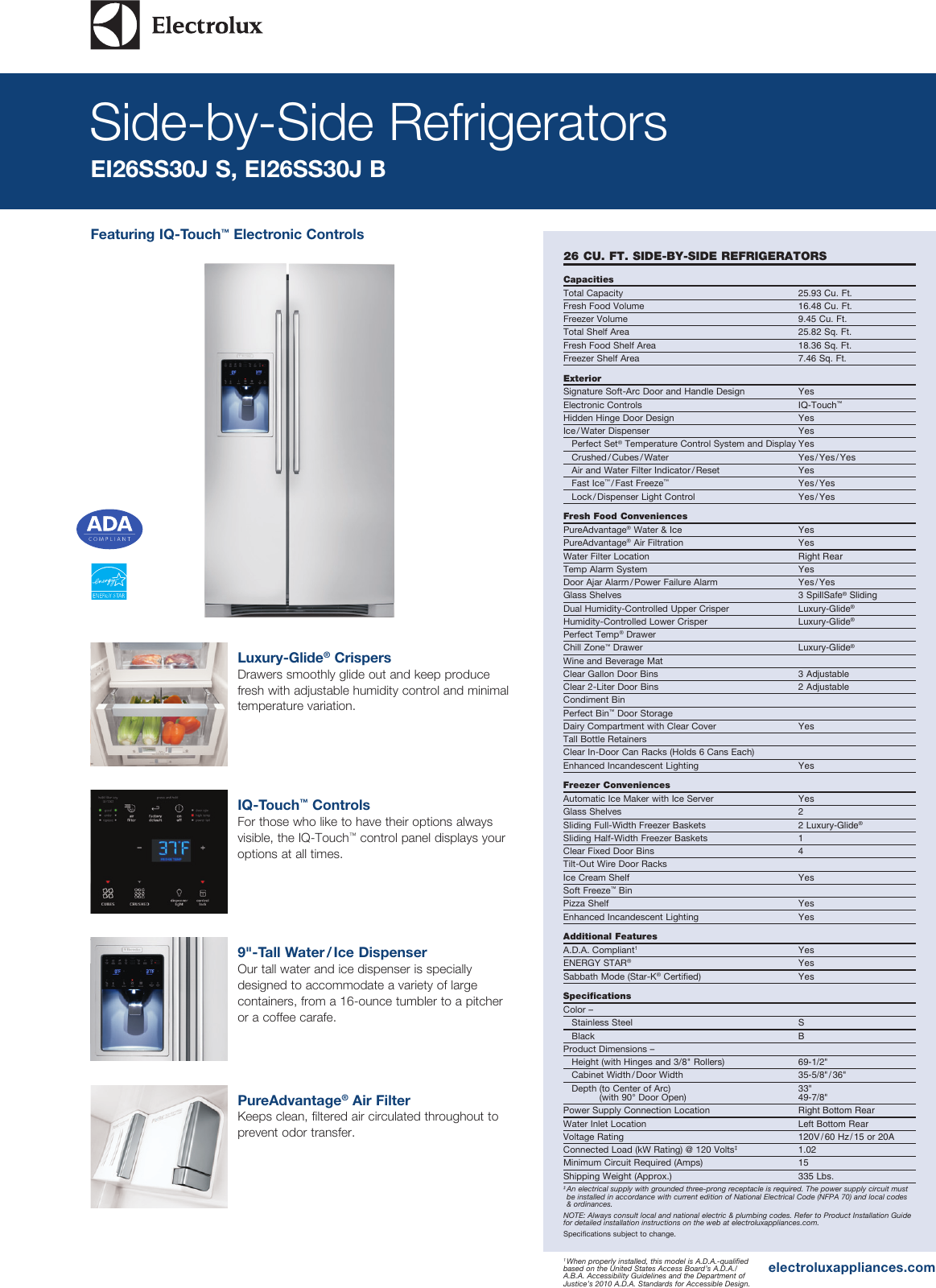 Page 1 of 2 - Electrolux Electrolux-Standard-Depth-Side-By-Side-Refrigerator-With-Iq-Touch-Controls-Ei26Ss30Js-Product-Specifications-Sheet-  Electrolux-standard-depth-side-by-side-refrigerator-with-iq-touch-controls-ei26ss30js-product-specifications-sheet