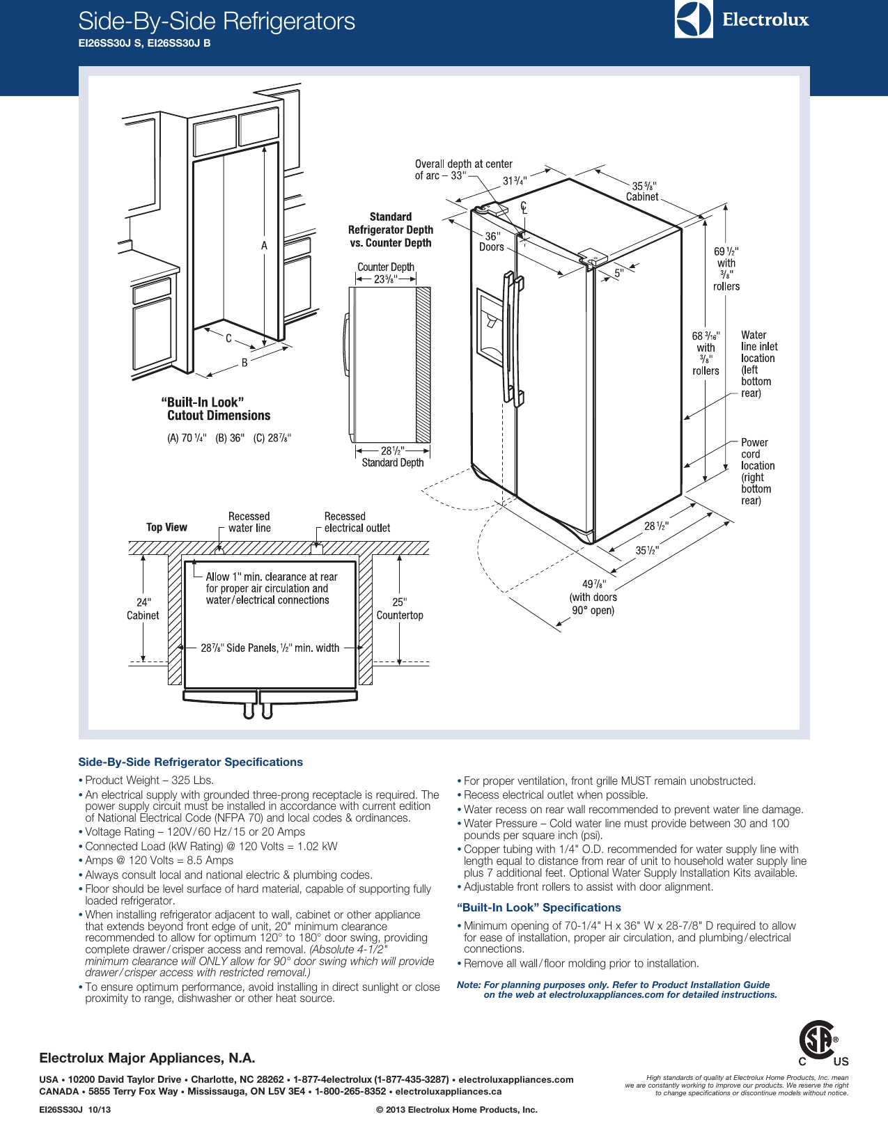 Page 2 of 2 - Electrolux Electrolux-Standard-Depth-Side-By-Side-Refrigerator-With-Iq-Touch-Controls-Ei26Ss30Js-Product-Specifications-Sheet-  Electrolux-standard-depth-side-by-side-refrigerator-with-iq-touch-controls-ei26ss30js-product-specifications-sheet