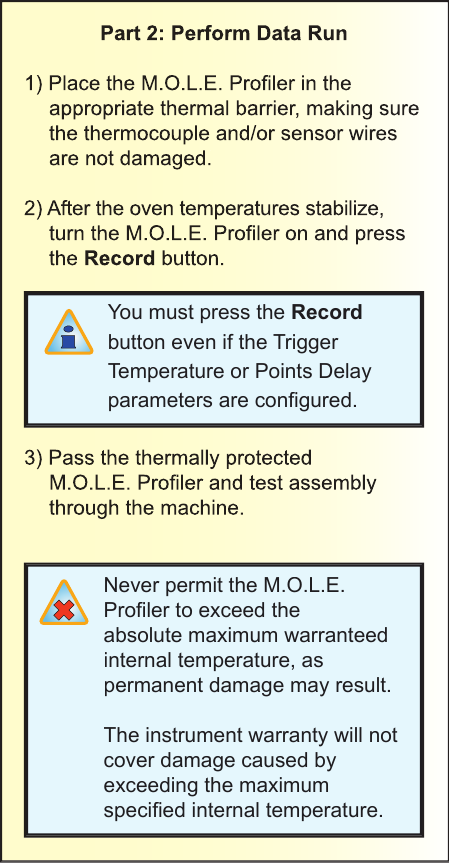 Part 2: Perform Data Run1) Place the M.O.L.E. Proﬁ ler in the appropriate thermal barrier, making sure the thermocouple and/or sensor wires are not damaged.2) After the oven temperatures stabilize,turn the M.O.L.E. Proﬁ ler on and press the Record button. Never permit the M.O.L.E. Proﬁ ler to exceed the absolute maximum warranteed internal temperature, as permanent damage may result.The instrument warranty will not cover damage caused by exceeding the maximum speciﬁ ed internal temperature.You must press the Recordbutton even if the Trigger Temperature or Points Delay parameters are conﬁ gured.3) Pass the thermally protected M.O.L.E. Proﬁ ler and test assembly through the machine.