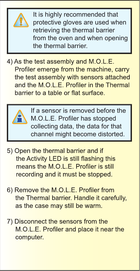 4) As the test assembly and M.O.L.E. Proﬁ ler emerge from the machine, carry the test assembly with sensors attached and the M.O.L.E. Proﬁ ler in the Thermal barrier to a table or ﬂ at surface.It is highly recommended that protective gloves are used when retrieving the thermal barrier from the oven and when opening the thermal barrier.If a sensor is removed before the M.O.L.E. Proﬁ ler has stopped collecting data, the data for that channel might become distorted.5) Open the thermal barrier and if the Activity LED is still ﬂ ashing this means the M.O.L.E. Proﬁ ler is still recording and it must be stopped.6) Remove the M.O.L.E. Proﬁ ler from the Thermal barrier. Handle it carefully, as the case may still be warm.7) Disconnect the sensors from the M.O.L.E. Proﬁ ler and place it near the computer.