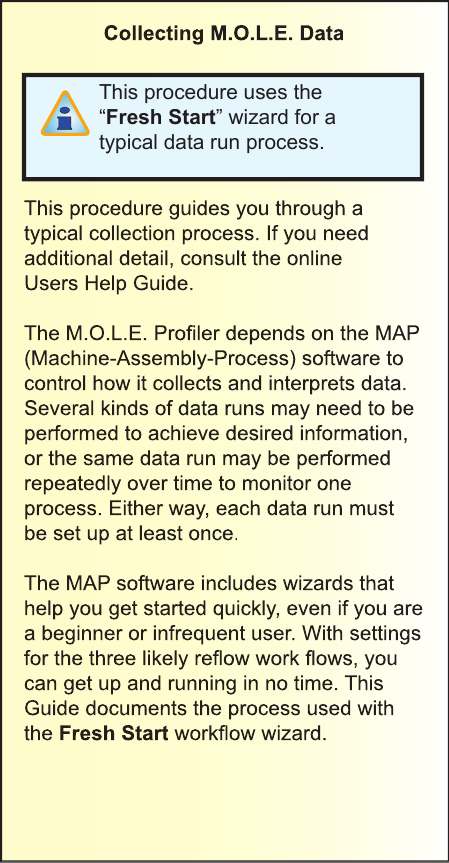 Collecting M.O.L.E. DataThis procedure guides you through a typical collection process. If you need additional detail, consult the online Users Help Guide.The M.O.L.E. Proﬁ ler depends on the MAP (Machine-Assembly-Process) software to control how it collects and interprets data. Several kinds of data runs may need to be performed to achieve desired information, or the same data run may be performed repeatedly over time to monitor one process. Either way, each data run must be set up at least once.The MAP software includes wizards that help you get started quickly, even if you are a beginner or infrequent user. With settings for the three likely reﬂ ow work ﬂ ows, you can get up and running in no time. This Guide documents the process used with the Fresh Start workﬂ ow wizard. This procedure uses the “Fresh Start” wizard for a typical data run process.