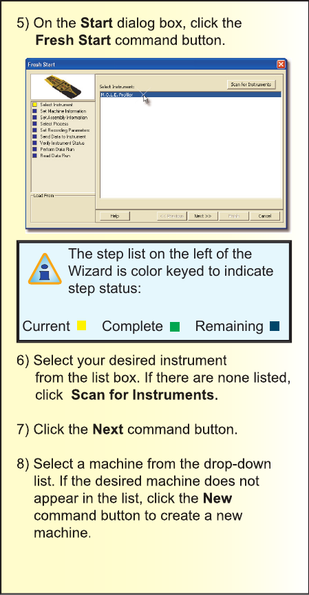 5) On the Start dialog box, click the Fresh Start command button.6) Select your desired instrumentfrom the list box. If there are none listed, click  Scan for Instruments.7) Click the Next command button.8) Select a machine from the drop-downlist. If the desired machine does not appear in the list, click the Newcommand button to create a new machine.The step list on the left of the Wizard is color keyed to indicate step status:Current        Complete        Remaining