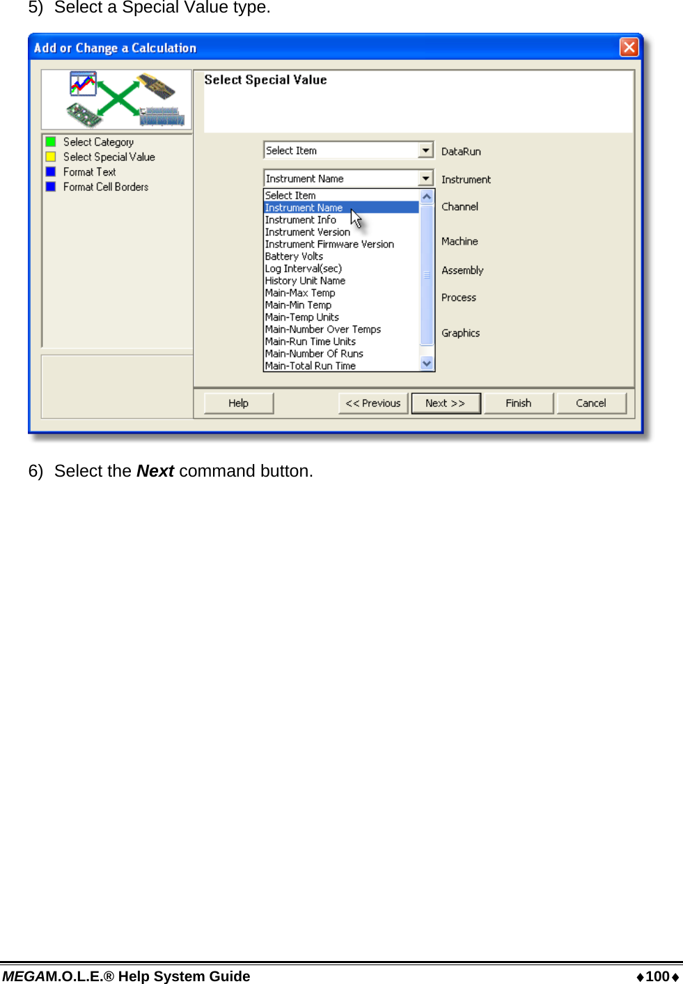 MEGAM.O.L.E.® Help System Guide  100 5)  Select a Special Value type.  6) Select the Next command button. 