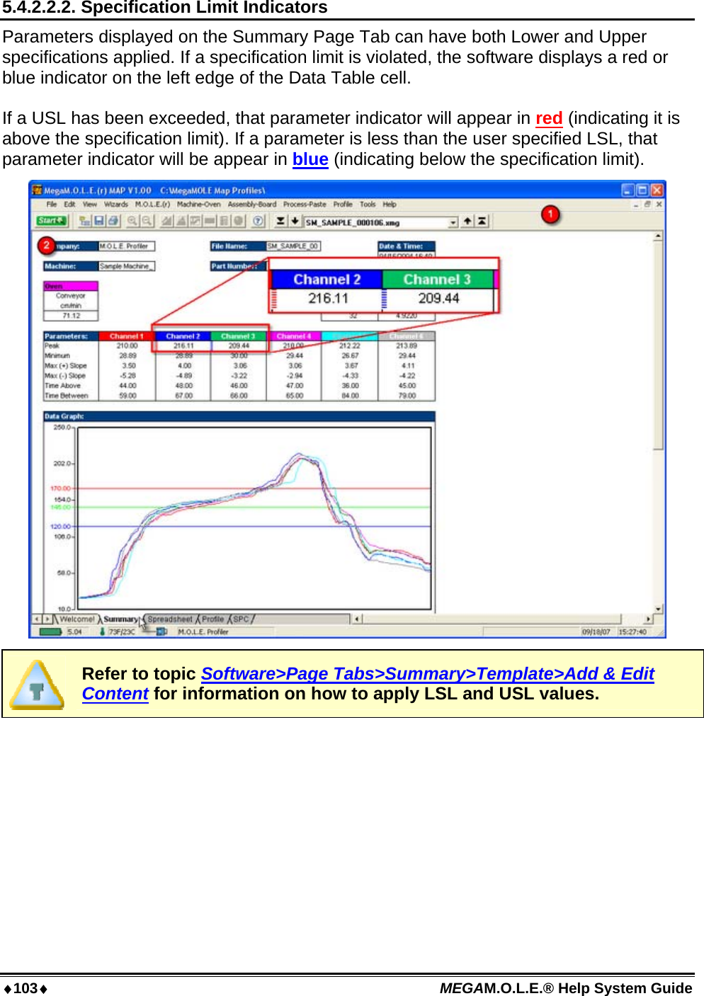 103 MEGAM.O.L.E.® Help System Guide  5.4.2.2.2. Specification Limit Indicators Parameters displayed on the Summary Page Tab can have both Lower and Upper specifications applied. If a specification limit is violated, the software displays a red or blue indicator on the left edge of the Data Table cell.  If a USL has been exceeded, that parameter indicator will appear in red (indicating it is above the specification limit). If a parameter is less than the user specified LSL, that parameter indicator will be appear in blue (indicating below the specification limit).   Refer to topic Software&gt;Page Tabs&gt;Summary&gt;Template&gt;Add &amp; Edit Content for information on how to apply LSL and USL values.   