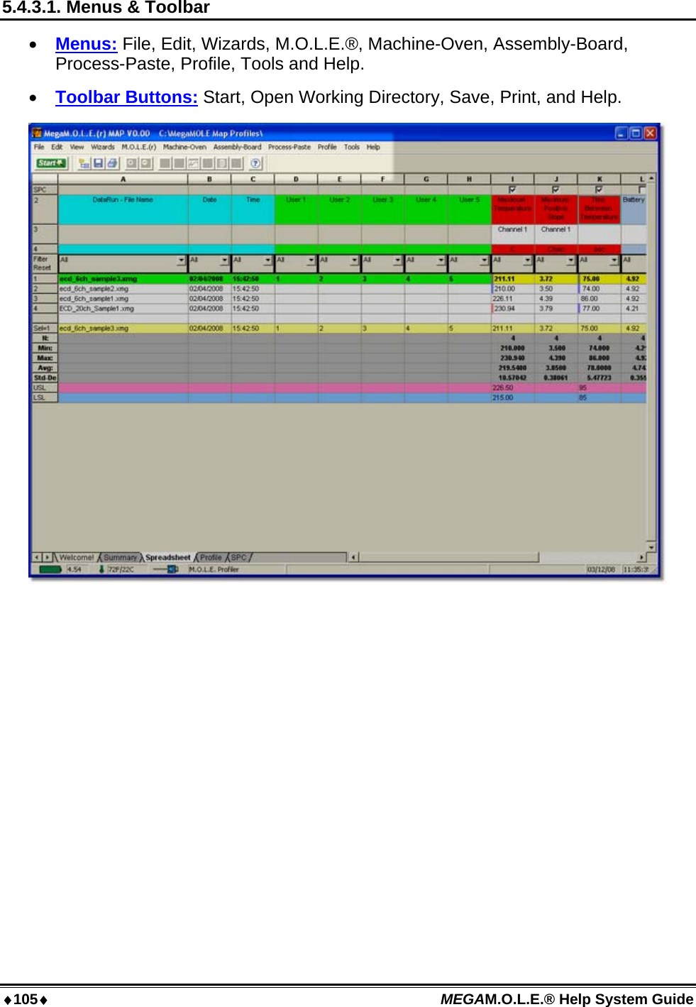 105 MEGAM.O.L.E.® Help System Guide  5.4.3.1. Menus &amp; Toolbar  Menus: File, Edit, Wizards, M.O.L.E.®, Machine-Oven, Assembly-Board, Process-Paste, Profile, Tools and Help.  Toolbar Buttons: Start, Open Working Directory, Save, Print, and Help.   