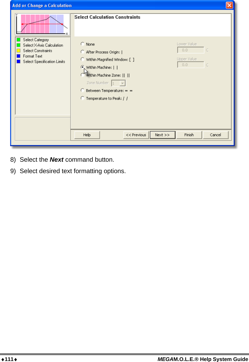 111 MEGAM.O.L.E.® Help System Guide   8) Select the Next command button. 9)  Select desired text formatting options. 