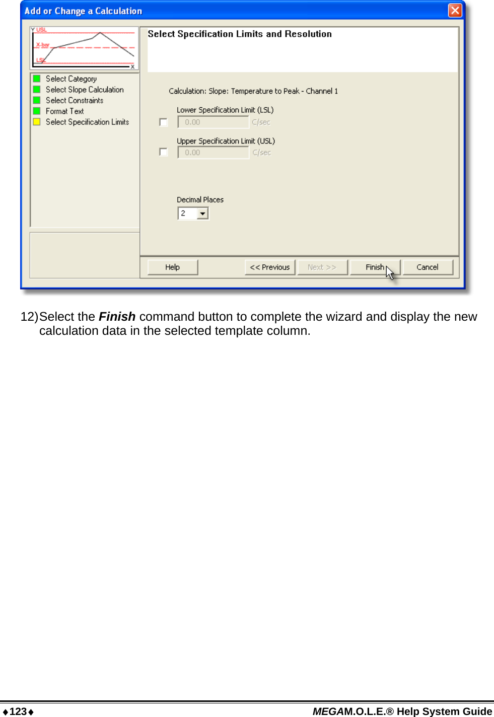 123 MEGAM.O.L.E.® Help System Guide   12) Select  the  Finish command button to complete the wizard and display the new calculation data in the selected template column.  