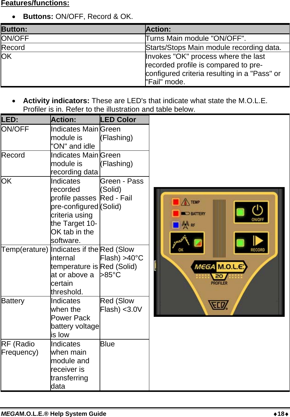 MEGAM.O.L.E.® Help System Guide  18 Features/functions:  Buttons: ON/OFF, Record &amp; OK. Button:  Action: ON/OFF  Turns Main module &quot;ON/OFF&quot;. Record  Starts/Stops Main module recording data. OK  Invokes &quot;OK&quot; process where the last recorded profile is compared to pre-configured criteria resulting in a &quot;Pass&quot; or &quot;Fail&quot; mode.   Activity indicators: These are LED&apos;s that indicate what state the M.O.L.E. Profiler is in. Refer to the illustration and table below. LED:  Action:  LED Color ON/OFF Indicates Main module is &quot;ON&quot; and idle Green (Flashing) Record Indicates Main module is recording data Green (Flashing) OK Indicates recorded profile passes pre-configured criteria using the Target 10-OK tab in the software. Green - Pass (Solid) Red - Fail (Solid) Temp(erature) Indicates if the internal temperature is at or above a certain threshold. Red (Slow Flash) &gt;40°C Red (Solid) &gt;85°C Battery Indicates when the Power Pack battery voltage is low Red (Slow Flash) &lt;3.0V RF (Radio Frequency)  Indicates when main module and receiver is transferring data Blue  