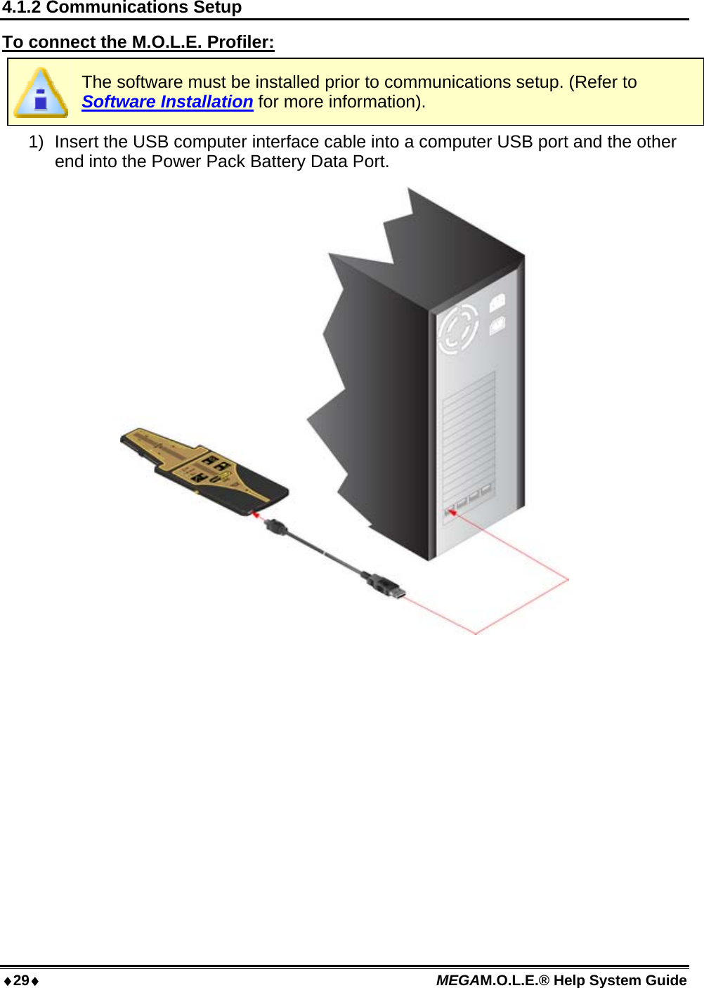 29 MEGAM.O.L.E.® Help System Guide  4.1.2 Communications Setup To connect the M.O.L.E. Profiler:  The software must be installed prior to communications setup. (Refer to Software Installation for more information). 1)  Insert the USB computer interface cable into a computer USB port and the other end into the Power Pack Battery Data Port.  