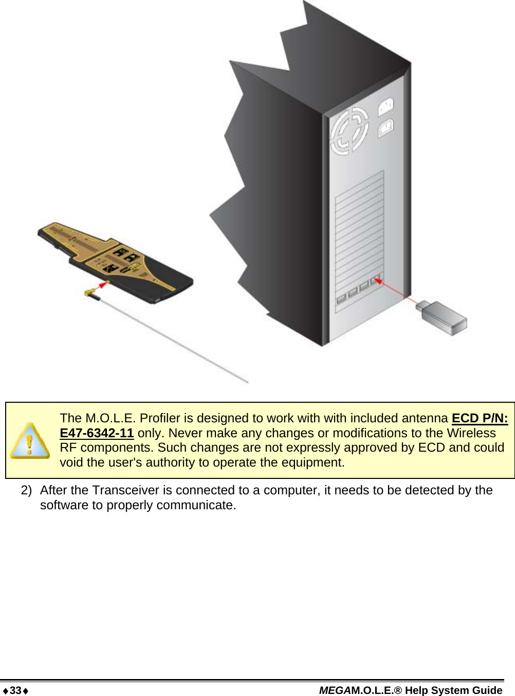 33 MEGAM.O.L.E.® Help System Guide     The M.O.L.E. Profiler is designed to work with with included antenna ECD P/N: E47-6342-11 only. Never make any changes or modifications to the Wireless RF components. Such changes are not expressly approved by ECD and could void the user&apos;s authority to operate the equipment. 2)  After the Transceiver is connected to a computer, it needs to be detected by the software to properly communicate. 