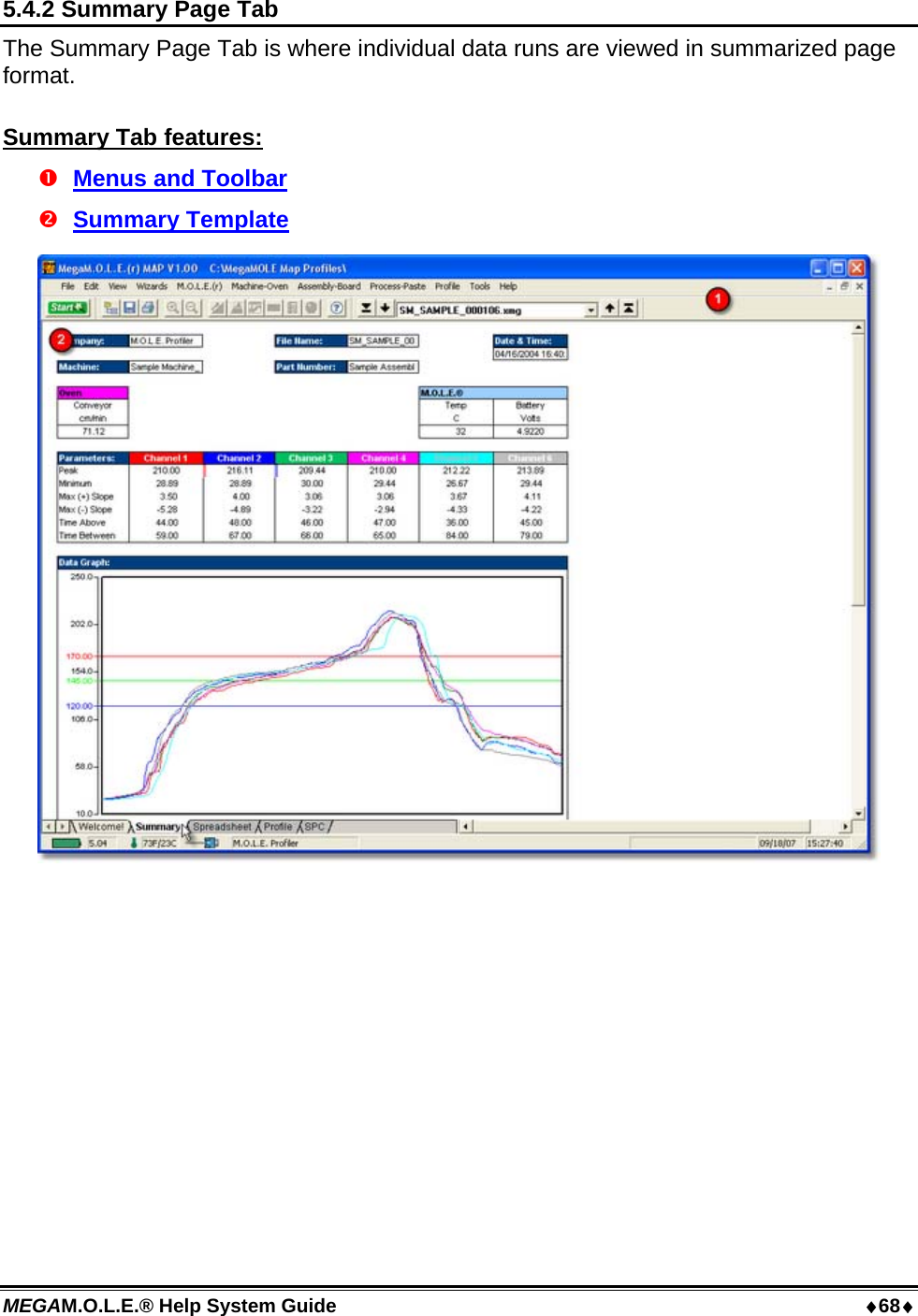 MEGAM.O.L.E.® Help System Guide  68 5.4.2 Summary Page Tab The Summary Page Tab is where individual data runs are viewed in summarized page format.  Summary Tab features:  Menus and Toolbar  Summary Template   