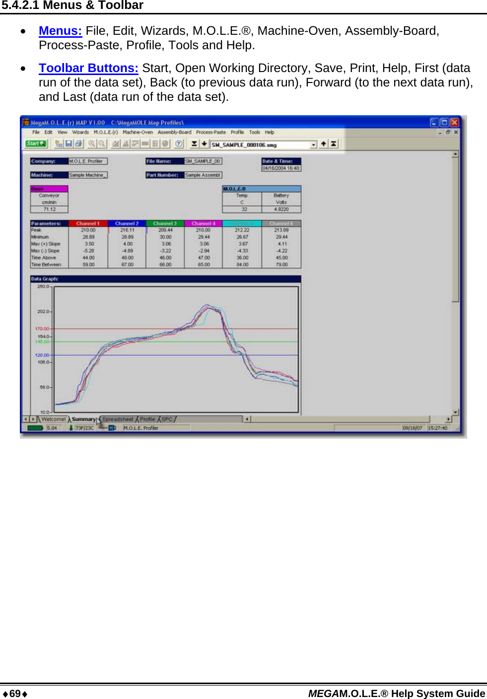 69 MEGAM.O.L.E.® Help System Guide  5.4.2.1 Menus &amp; Toolbar  Menus: File, Edit, Wizards, M.O.L.E.®, Machine-Oven, Assembly-Board, Process-Paste, Profile, Tools and Help.  Toolbar Buttons: Start, Open Working Directory, Save, Print, Help, First (data run of the data set), Back (to previous data run), Forward (to the next data run), and Last (data run of the data set).   