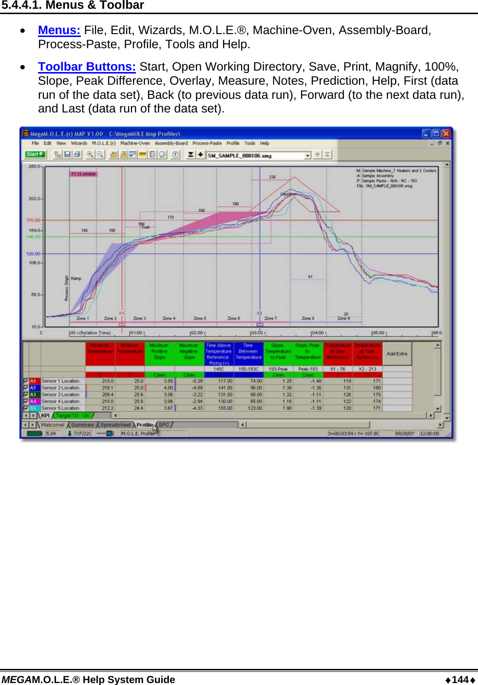 MEGAM.O.L.E.® Help System Guide  ♦144♦ 5.4.4.1. Menus &amp; Toolbar •  Menus: File, Edit, Wizards, M.O.L.E.®, Machine-Oven, Assembly-Board, Process-Paste, Profile, Tools and Help. •  Toolbar Buttons: Start, Open Working Directory, Save, Print, Magnify, 100%, Slope, Peak Difference, Overlay, Measure, Notes, Prediction, Help, First (data run of the data set), Back (to previous data run), Forward (to the next data run), and Last (data run of the data set).   