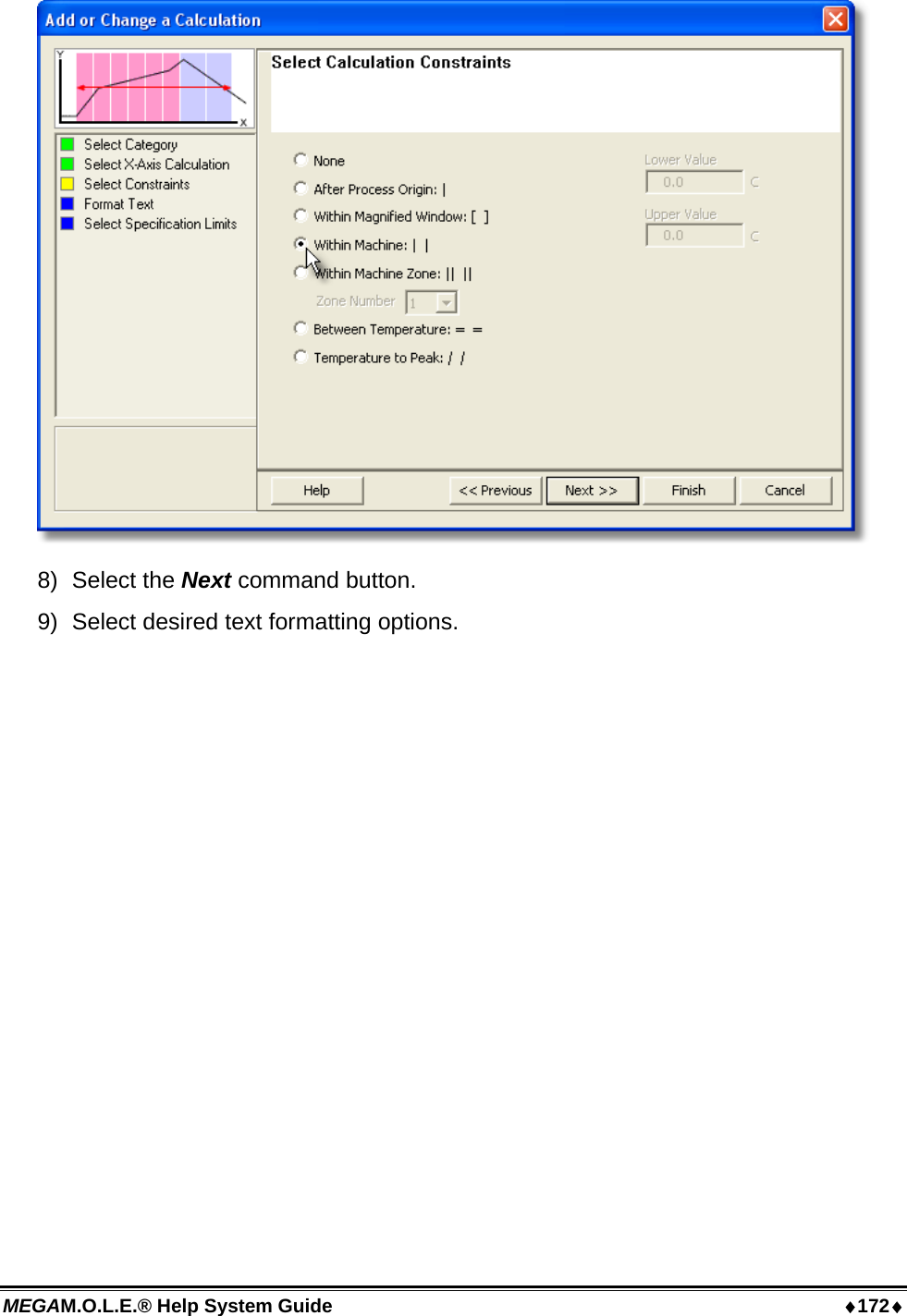 MEGAM.O.L.E.® Help System Guide  ♦172♦  8) Select the Next command button. 9)  Select desired text formatting options. 