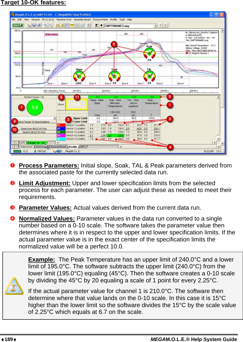 ♦189♦ MEGAM.O.L.E.® Help System Guide  Target 10-OK features:   Process Parameters: Initial slope, Soak, TAL &amp; Peak parameters derived from the associated paste for the currently selected data run.  Limit Adjustment: Upper and lower specification limits from the selected process for each parameter. The user can adjust these as needed to meet their requirements.  Parameter Values: Actual values derived from the current data run.  Normalized Values: Parameter values in the data run converted to a single number based on a 0-10 scale. The software takes the parameter value then determines where it is in respect to the upper and lower specification limits. If the actual parameter value is in the exact center of the specification limits the normalized value will be a perfect 10.0.  Example:  The Peak Temperature has an upper limit of 240.0°C and a lower limit of 195.0°C. The software subtracts the upper limit (240.0°C) from the lower limit (195.0°C) equaling (45°C). Then the software creates a 0-10 scale by dividing the 45°C by 20 equaling a scale of 1 point for every 2.25°C.  If the actual parameter value for channel 1 is 210.0°C. The software then determine where that value lands on the 0-10 scale. In this case it is 15°C higher than the lower limit so the software divides the 15°C by the scale value of 2.25°C which equals at 6.7 on the scale. 