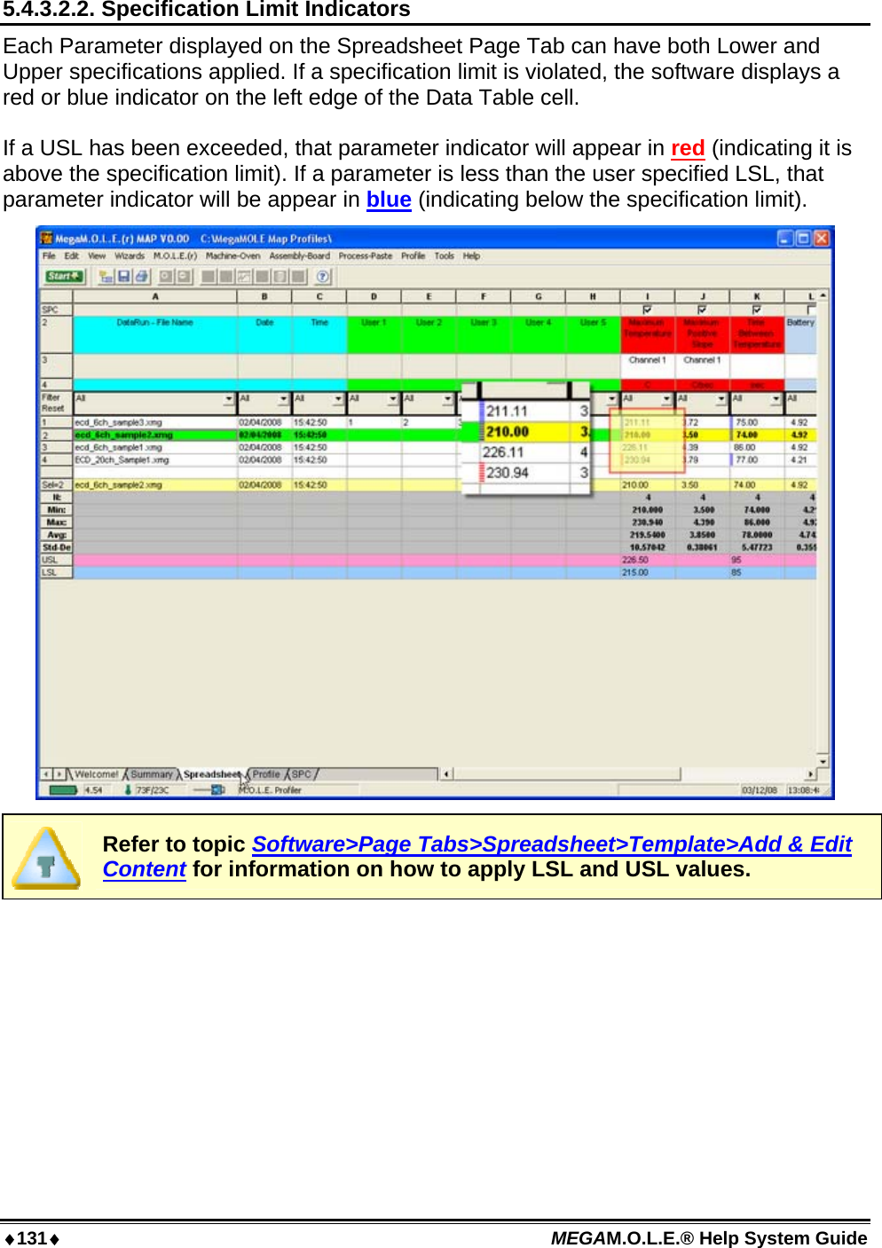 ♦131♦ MEGAM.O.L.E.® Help System Guide  5.4.3.2.2. Specification Limit Indicators Each Parameter displayed on the Spreadsheet Page Tab can have both Lower and Upper specifications applied. If a specification limit is violated, the software displays a red or blue indicator on the left edge of the Data Table cell.  If a USL has been exceeded, that parameter indicator will appear in red (indicating it is above the specification limit). If a parameter is less than the user specified LSL, that parameter indicator will be appear in blue (indicating below the specification limit).   Refer to topic Software&gt;Page Tabs&gt;Spreadsheet&gt;Template&gt;Add &amp; Edit Content for information on how to apply LSL and USL values.  