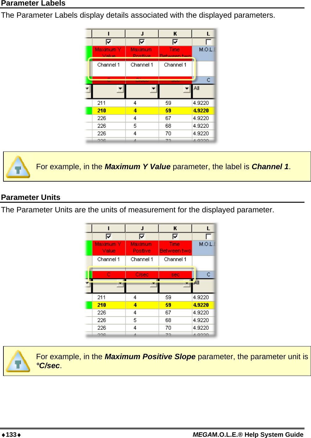 ♦133♦ MEGAM.O.L.E.® Help System Guide  Parameter Labels The Parameter Labels display details associated with the displayed parameters.   For example, in the Maximum Y Value parameter, the label is Channel 1.  Parameter Units The Parameter Units are the units of measurement for the displayed parameter.    For example, in the Maximum Positive Slope parameter, the parameter unit is °C/sec.  