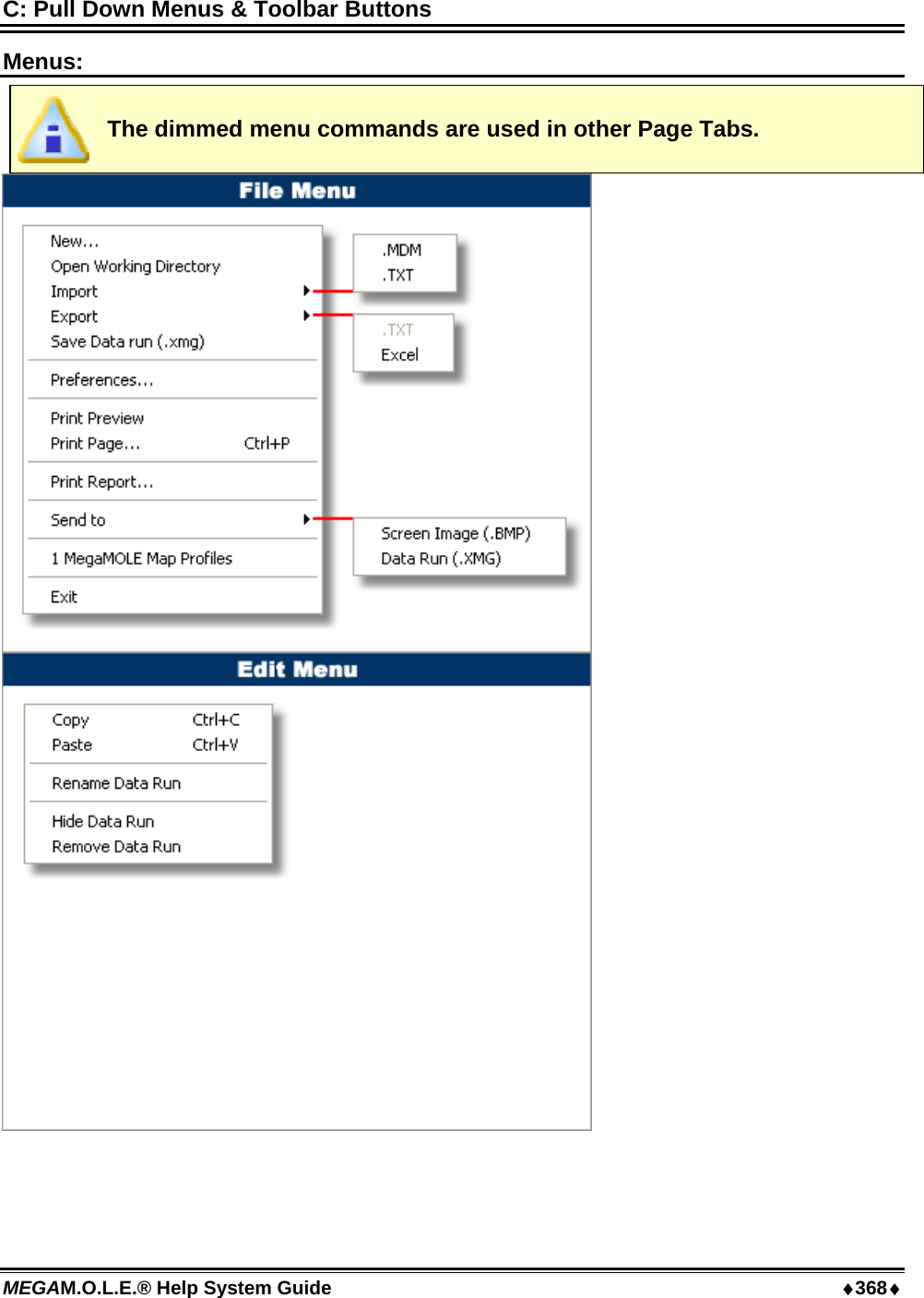 MEGAM.O.L.E.® Help System Guide  ♦368♦ C: Pull Down Menus &amp; Toolbar Buttons Menus:  The dimmed menu commands are used in other Page Tabs.  