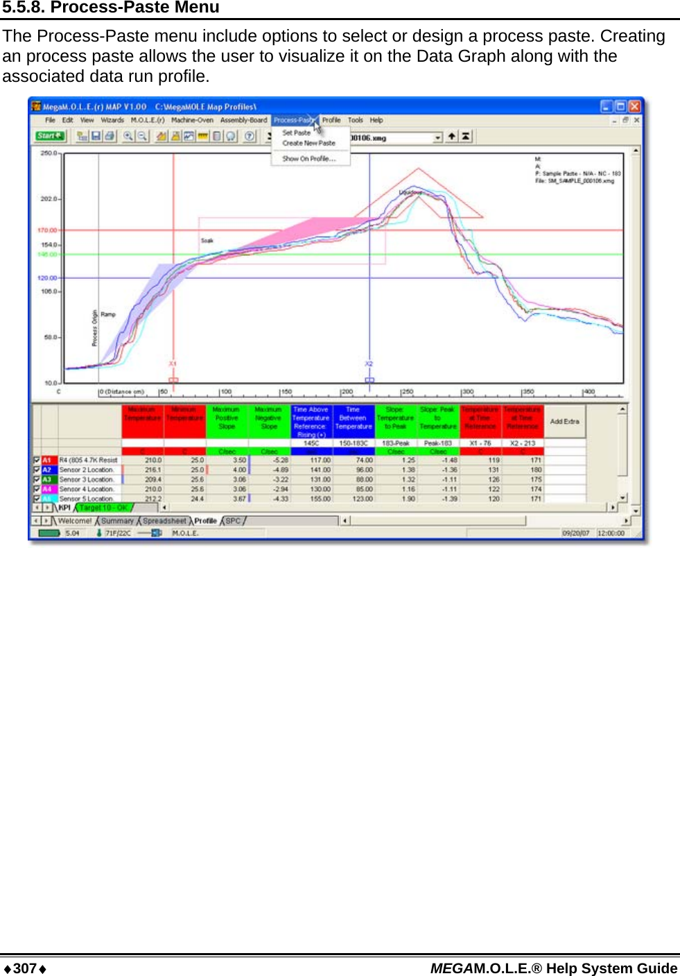♦307♦ MEGAM.O.L.E.® Help System Guide  5.5.8. Process-Paste Menu The Process-Paste menu include options to select or design a process paste. Creating an process paste allows the user to visualize it on the Data Graph along with the associated data run profile.   