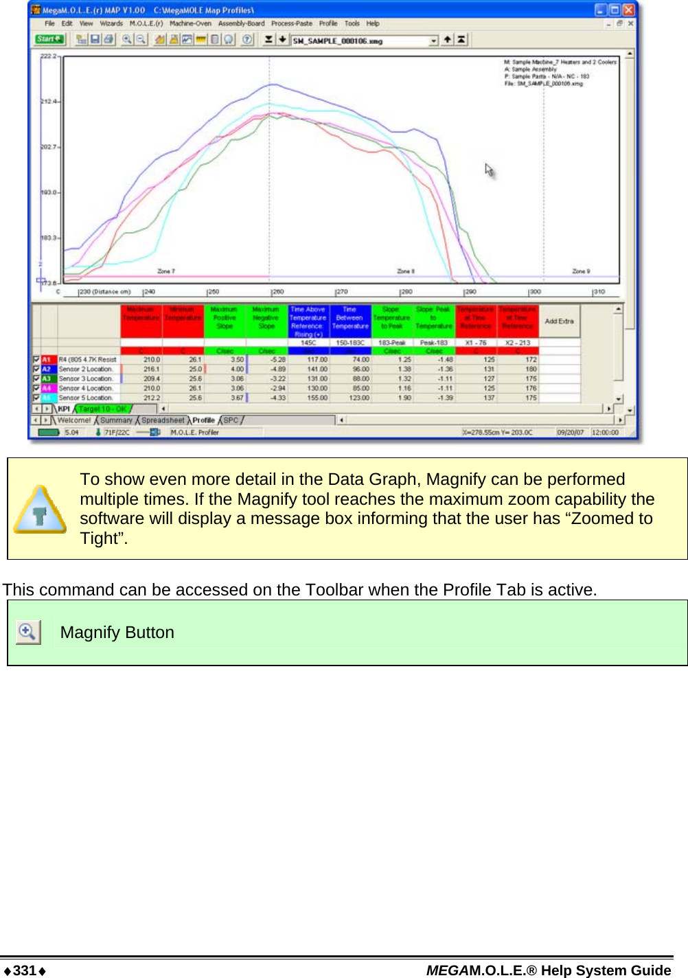 ♦331♦ MEGAM.O.L.E.® Help System Guide    To show even more detail in the Data Graph, Magnify can be performed multiple times. If the Magnify tool reaches the maximum zoom capability the software will display a message box informing that the user has “Zoomed to Tight”.  This command can be accessed on the Toolbar when the Profile Tab is active.  Magnify Button  