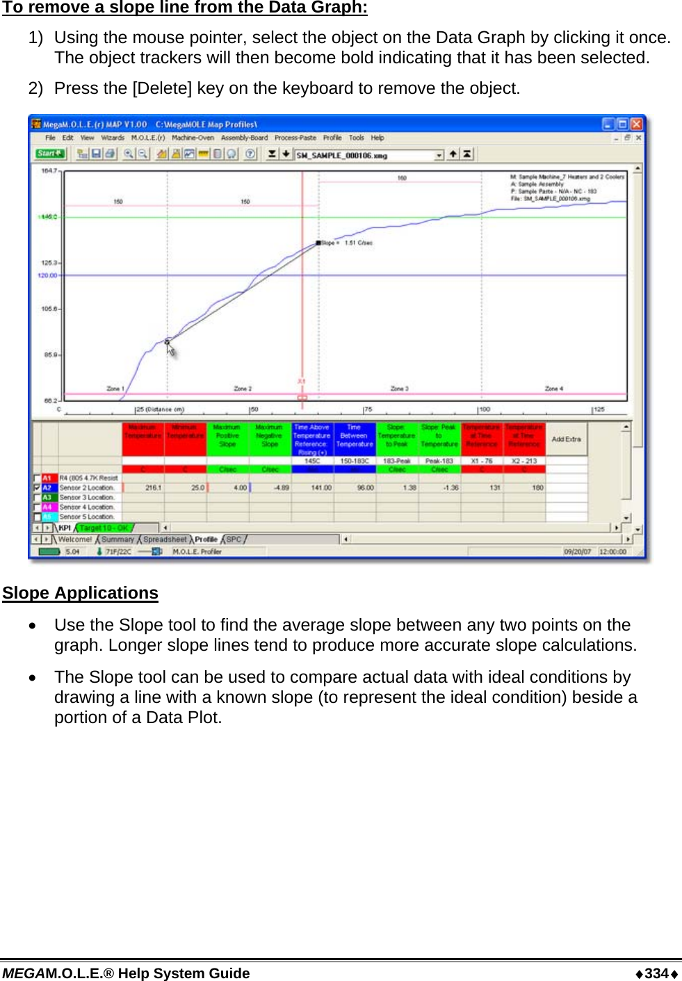 MEGAM.O.L.E.® Help System Guide  ♦334♦ To remove a slope line from the Data Graph: 1)  Using the mouse pointer, select the object on the Data Graph by clicking it once. The object trackers will then become bold indicating that it has been selected. 2)  Press the [Delete] key on the keyboard to remove the object.  Slope Applications •  Use the Slope tool to find the average slope between any two points on the graph. Longer slope lines tend to produce more accurate slope calculations. •  The Slope tool can be used to compare actual data with ideal conditions by drawing a line with a known slope (to represent the ideal condition) beside a portion of a Data Plot.  