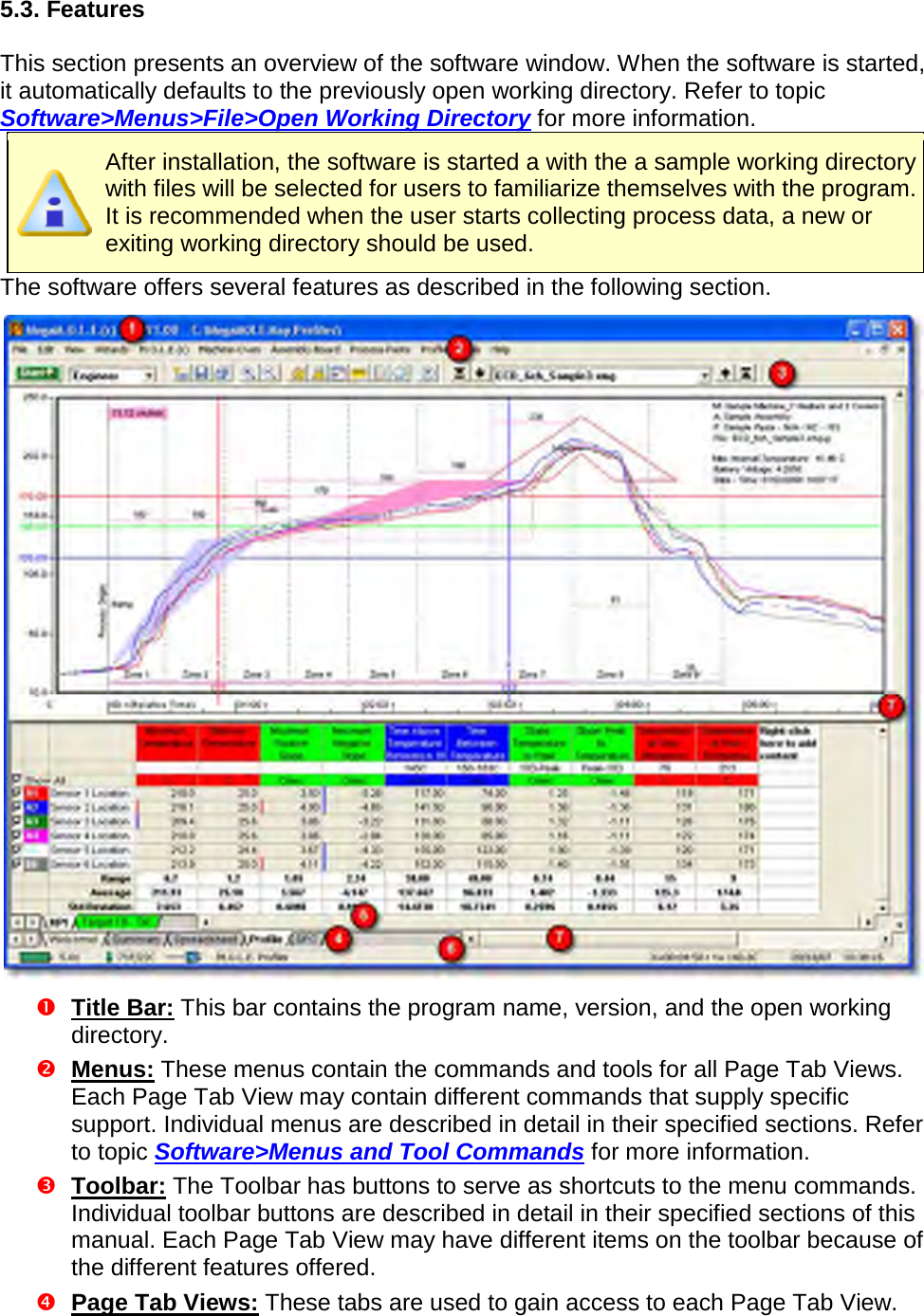       5.3. Features  This section presents an overview of the software window. When the software is started, it automatically defaults to the previously open working directory. Refer to topic Software&gt;Menus&gt;File&gt;Open Working Directory for more information.  After installation, the software is started a with the a sample working directory with files will be selected for users to familiarize themselves with the program. It is recommended when the user starts collecting process data, a new or exiting working directory should be used.   The software offers several features as described in the following section.   Title Bar: This bar contains the program name, version, and the open working directory.   Menus: These menus contain the commands and tools for all Page Tab Views. Each Page Tab View may contain different commands that supply specific support. Individual menus are described in detail in their specified sections. Refer to topic Software&gt;Menus and Tool Commands for more information.  Toolbar: The Toolbar has buttons to serve as shortcuts to the menu commands. Individual toolbar buttons are described in detail in their specified sections of this manual. Each Page Tab View may have different items on the toolbar because of the different features offered.  Page Tab Views: These tabs are used to gain access to each Page Tab View. 