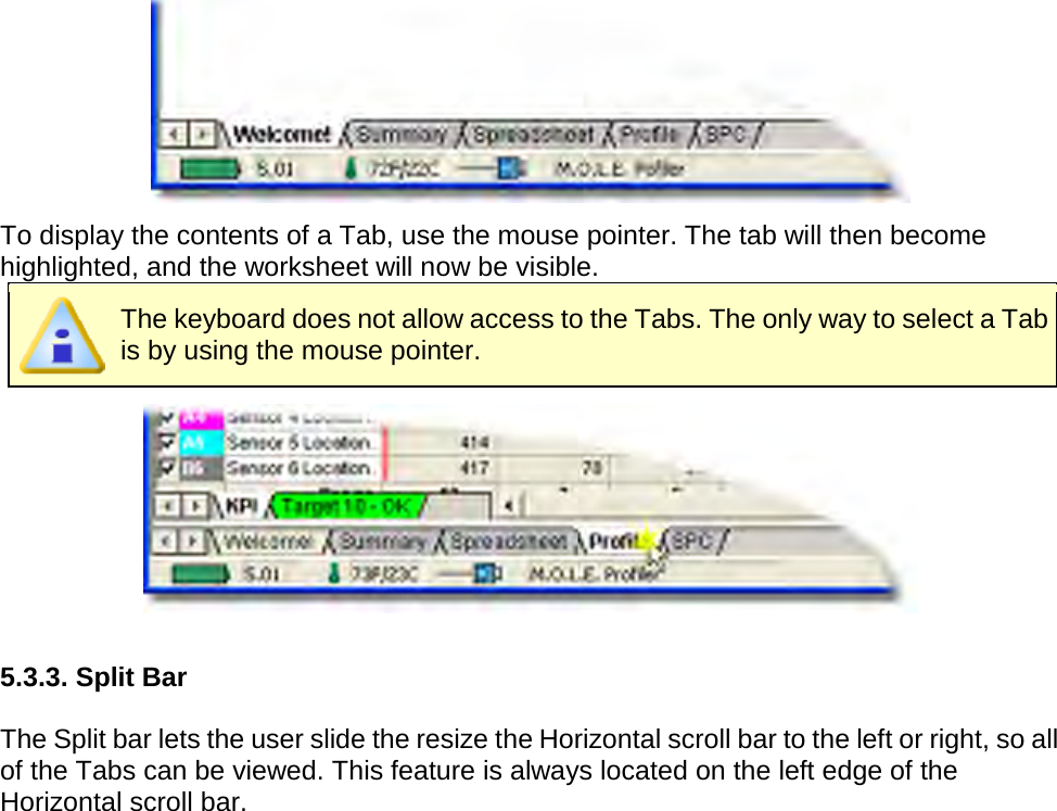        To display the contents of a Tab, use the mouse pointer. The tab will then become highlighted, and the worksheet will now be visible.  The keyboard does not allow access to the Tabs. The only way to select a Tab is by using the mouse pointer.   5.3.3. Split Bar  The Split bar lets the user slide the resize the Horizontal scroll bar to the left or right, so all of the Tabs can be viewed. This feature is always located on the left edge of the Horizontal scroll bar. 