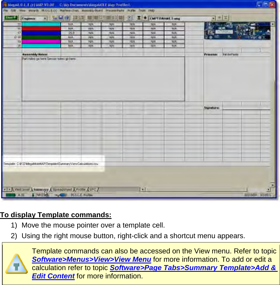         To display Template commands: 1) Move the mouse pointer over a template cell. 2) Using the right mouse button, right-click and a shortcut menu appears.  Template commands can also be accessed on the View menu. Refer to topic Software&gt;Menus&gt;View&gt;View Menu for more information. To add or edit a calculation refer to topic Software&gt;Page Tabs&gt;Summary Template&gt;Add &amp; Edit Content for more information. 