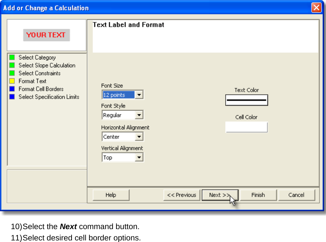        10) Select the Next command button. 11) Select desired cell border options. 