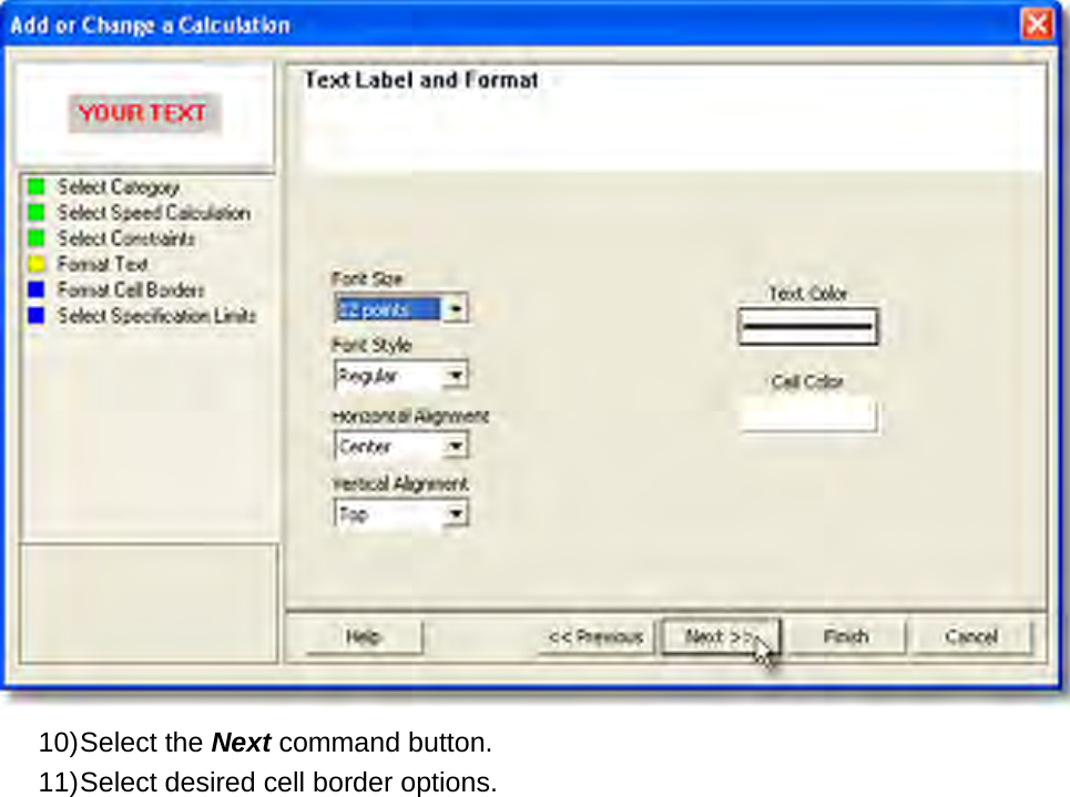        10) Select the Next command button. 11) Select desired cell border options. 