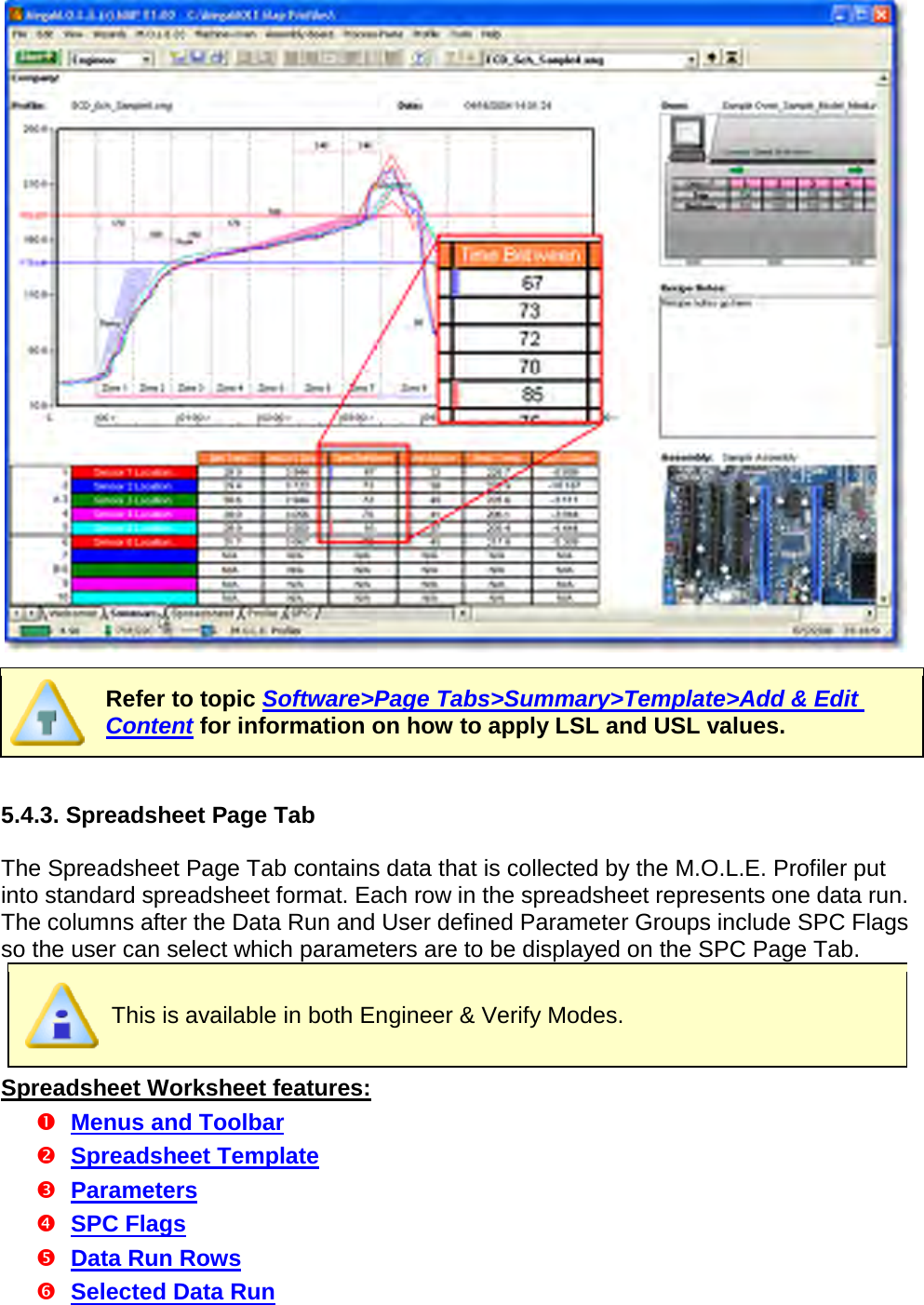         Refer to topic Software&gt;Page Tabs&gt;Summary&gt;Template&gt;Add &amp; Edit Content for information on how to apply LSL and USL values.   5.4.3. Spreadsheet Page Tab  The Spreadsheet Page Tab contains data that is collected by the M.O.L.E. Profiler put into standard spreadsheet format. Each row in the spreadsheet represents one data run. The columns after the Data Run and User defined Parameter Groups include SPC Flags so the user can select which parameters are to be displayed on the SPC Page Tab.  This is available in both Engineer &amp; Verify Modes. Spreadsheet Worksheet features:  Menus and Toolbar  Spreadsheet Template  Parameters  SPC Flags  Data Run Rows  Selected Data Run 