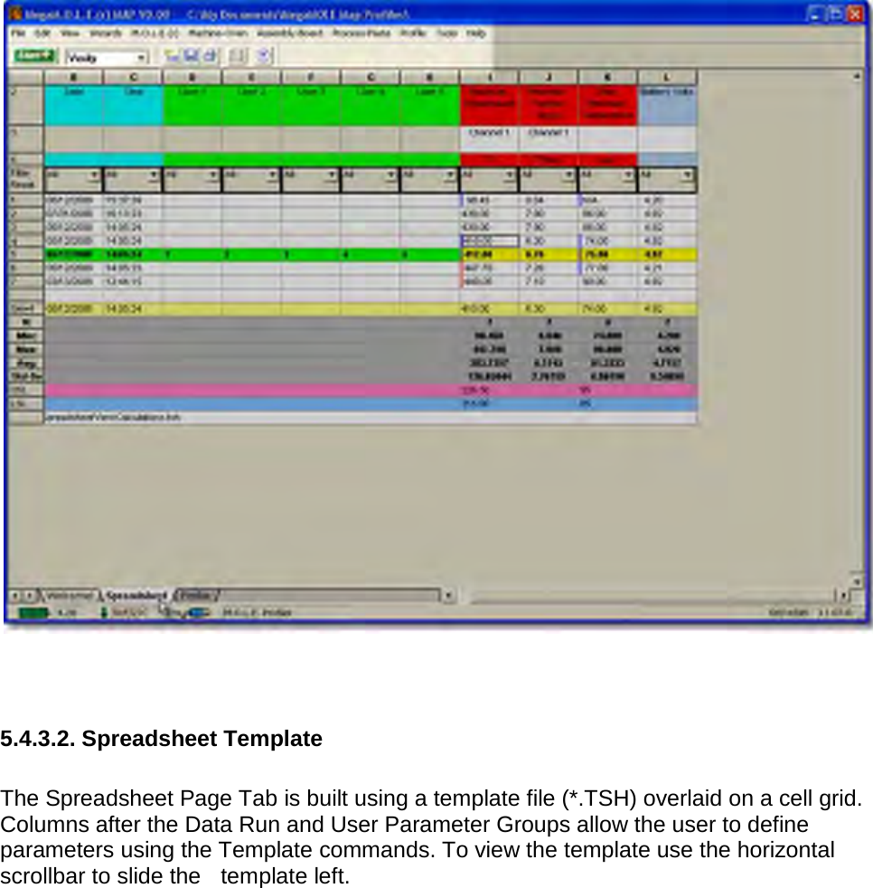           5.4.3.2. Spreadsheet Template  The Spreadsheet Page Tab is built using a template file (*.TSH) overlaid on a cell grid. Columns after the Data Run and User Parameter Groups allow the user to define parameters using the Template commands. To view the template use the horizontal scrollbar to slide the   template left. 