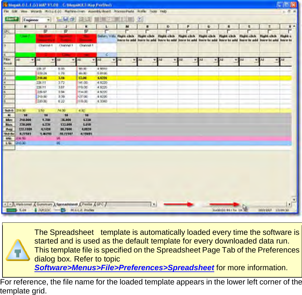         The Spreadsheet    template is automatically loaded every time the software is started and is used as the default template for every downloaded data run.   This template file is specified on the Spreadsheet Page Tab of the Preferences dialog box. Refer to topic Software&gt;Menus&gt;File&gt;Preferences&gt;Spreadsheet for more information. For reference, the file name for the loaded template appears in the lower left corner of the template grid. 