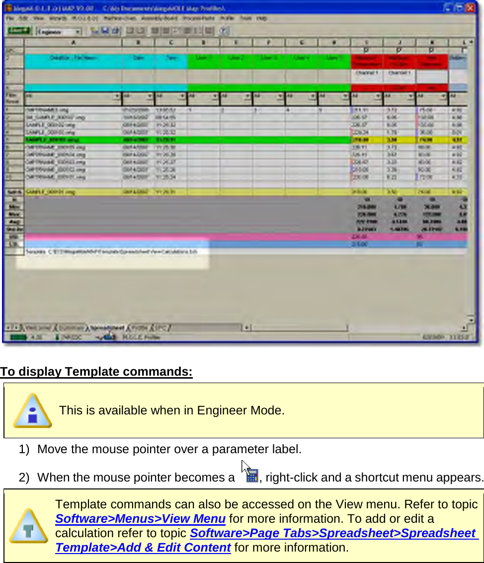         To display Template commands:  This is available when in Engineer Mode. 1) Move the mouse pointer over a parameter label. 2) When the mouse pointer becomes a  , right-click and a shortcut menu appears.  Template commands can also be accessed on the View menu. Refer to topic Software&gt;Menus&gt;View Menu for more information. To add or edit a calculation refer to topic Software&gt;Page Tabs&gt;Spreadsheet&gt;Spreadsheet Template&gt;Add &amp; Edit Content for more information. 