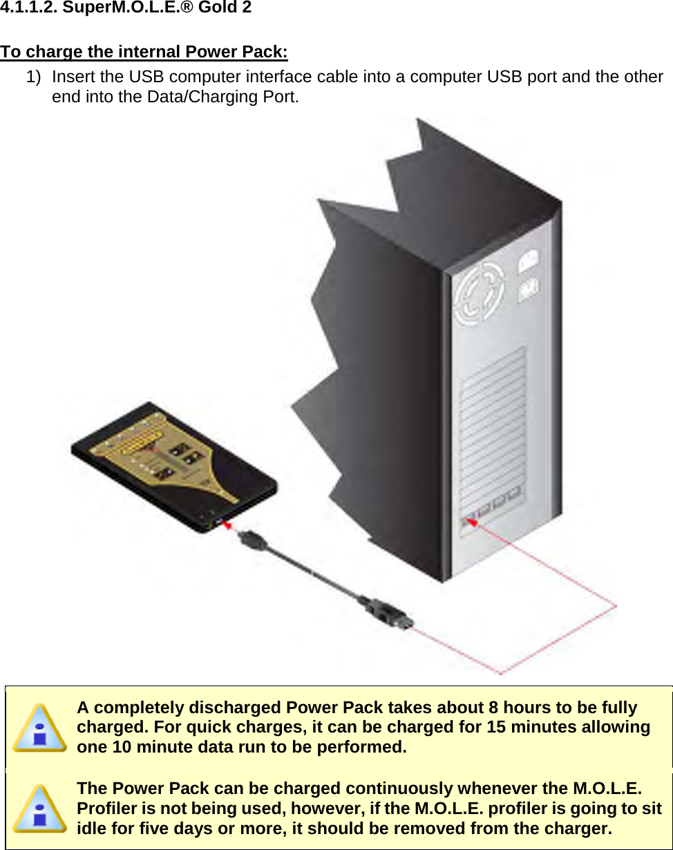       4.1.1.2. SuperM.O.L.E.® Gold 2  To charge the internal Power Pack: 1) Insert the USB computer interface cable into a computer USB port and the other end into the Data/Charging Port.   A completely discharged Power Pack takes about 8 hours to be fully charged. For quick charges, it can be charged for 15 minutes allowing one 10 minute data run to be performed.  The Power Pack can be charged continuously whenever the M.O.L.E. Profiler is not being used, however, if the M.O.L.E. profiler is going to sit idle for five days or more, it should be removed from the charger.     