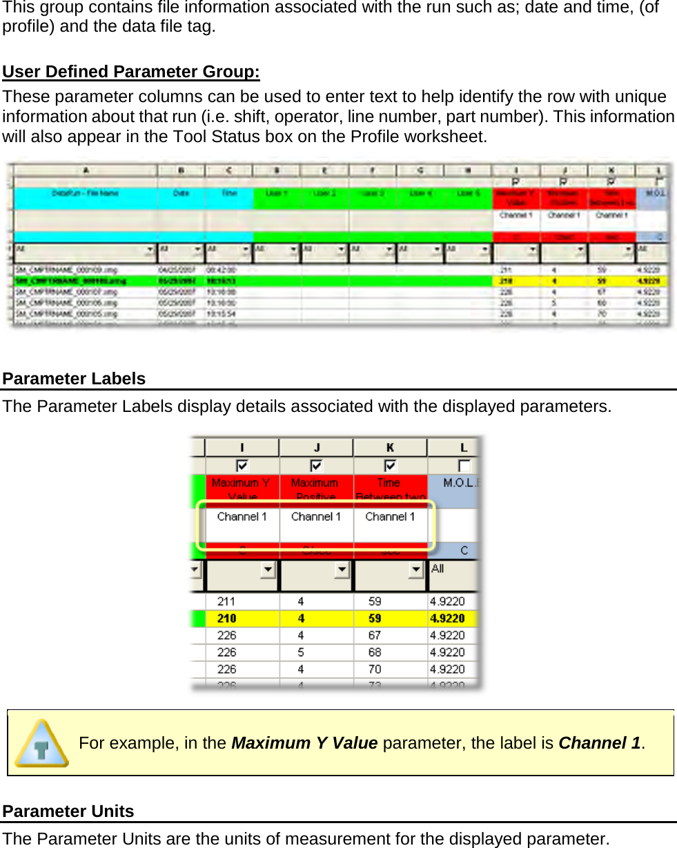       This group contains file information associated with the run such as; date and time, (of profile) and the data file tag.  User Defined Parameter Group: These parameter columns can be used to enter text to help identify the row with unique information about that run (i.e. shift, operator, line number, part number). This information will also appear in the Tool Status box on the Profile worksheet.    Parameter Labels The Parameter Labels display details associated with the displayed parameters.   For example, in the Maximum Y Value parameter, the label is Channel 1.  Parameter Units The Parameter Units are the units of measurement for the displayed parameter.   