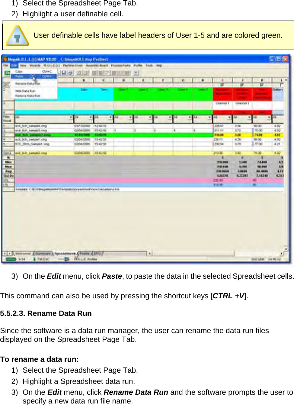       1) Select the Spreadsheet Page Tab. 2) Highlight a user definable cell.  User definable cells have label headers of User 1-5 and are colored green.  3) On the Edit menu, click Paste, to paste the data in the selected Spreadsheet cells.  This command can also be used by pressing the shortcut keys [CTRL +V].  5.5.2.3. Rename Data Run  Since the software is a data run manager, the user can rename the data run files displayed on the Spreadsheet Page Tab.  To rename a data run: 1) Select the Spreadsheet Page Tab. 2) Highlight a Spreadsheet data run. 3) On the Edit menu, click Rename Data Run and the software prompts the user to specify a new data run file name. 