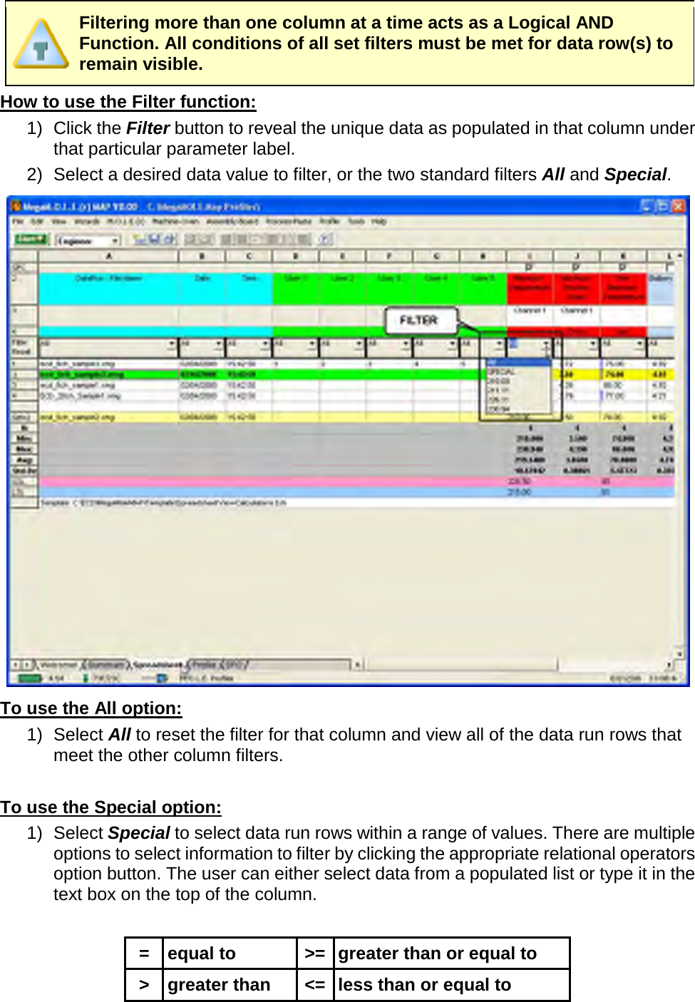        Filtering more than one column at a time acts as a Logical AND Function. All conditions of all set filters must be met for data row(s) to remain visible. How to use the Filter function: 1) Click the Filter button to reveal the unique data as populated in that column under that particular parameter label. 2) Select a desired data value to filter, or the two standard filters All and Special.  To use the All option: 1) Select All to reset the filter for that column and view all of the data run rows that meet the other column filters.  To use the Special option: 1) Select Special to select data run rows within a range of values. There are multiple options to select information to filter by clicking the appropriate relational operators option button. The user can either select data from a populated list or type it in the text box on the top of the column.  = equal to &gt;= greater than or equal to &gt; greater than &lt;= less than or equal to 