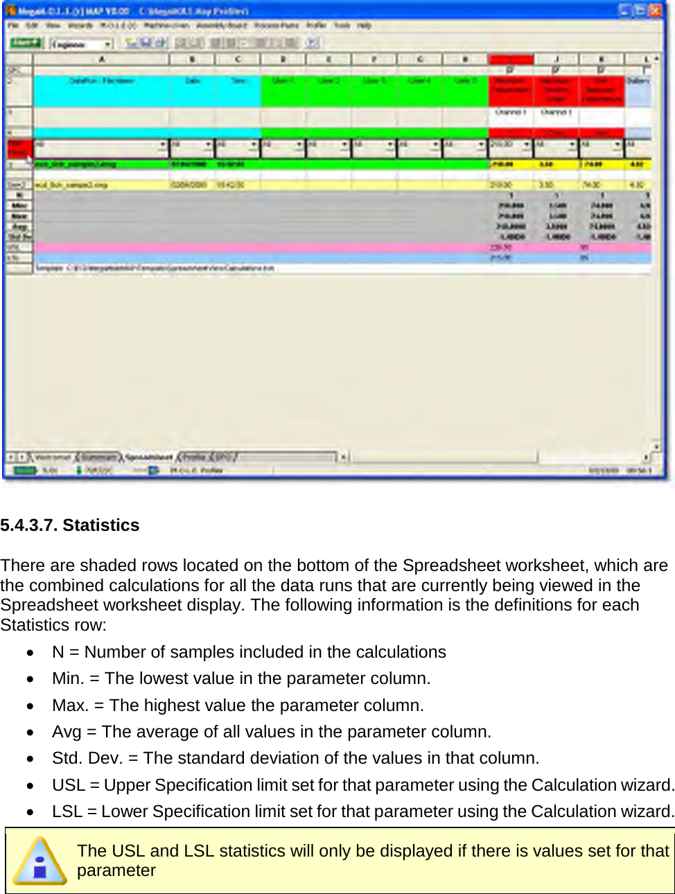         5.4.3.7. Statistics  There are shaded rows located on the bottom of the Spreadsheet worksheet, which are the combined calculations for all the data runs that are currently being viewed in the Spreadsheet worksheet display. The following information is the definitions for each Statistics row: •  N = Number of samples included in the calculations •  Min. = The lowest value in the parameter column. •  Max. = The highest value the parameter column. •  Avg = The average of all values in the parameter column. •  Std. Dev. = The standard deviation of the values in that column. •  USL = Upper Specification limit set for that parameter using the Calculation wizard. •  LSL = Lower Specification limit set for that parameter using the Calculation wizard.  The USL and LSL statistics will only be displayed if there is values set for that parameter   