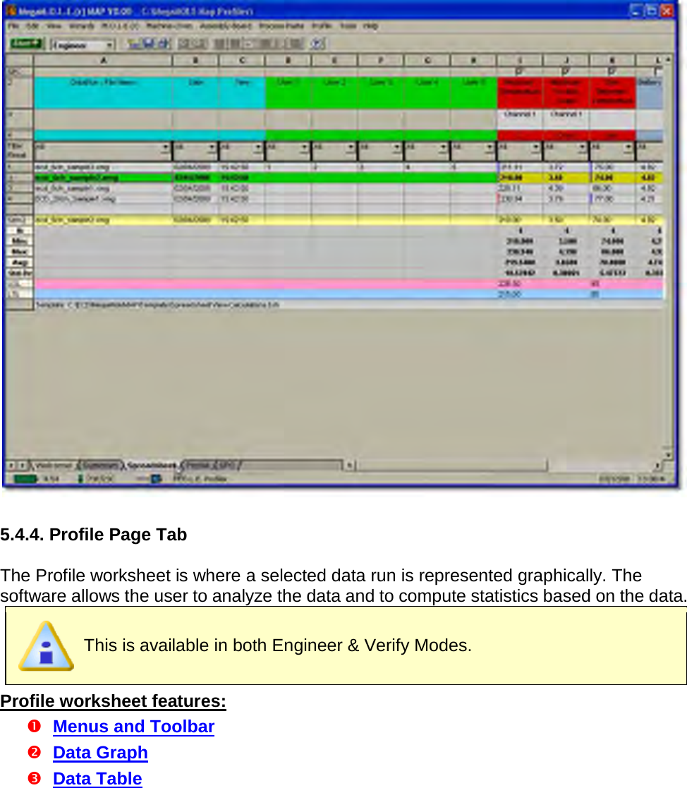         5.4.4. Profile Page Tab  The Profile worksheet is where a selected data run is represented graphically. The software allows the user to analyze the data and to compute statistics based on the data.    This is available in both Engineer &amp; Verify Modes. Profile worksheet features:  Menus and Toolbar  Data Graph  Data Table 