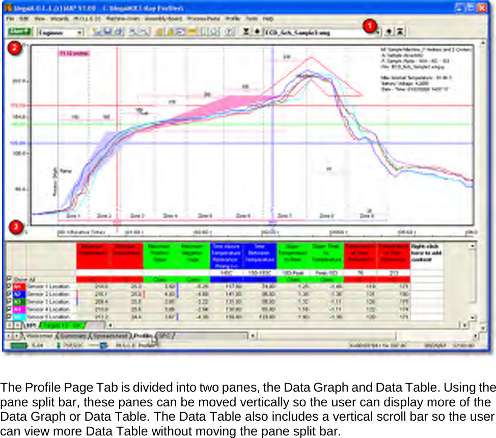         The Profile Page Tab is divided into two panes, the Data Graph and Data Table. Using the pane split bar, these panes can be moved vertically so the user can display more of the Data Graph or Data Table. The Data Table also includes a vertical scroll bar so the user can view more Data Table without moving the pane split bar. 