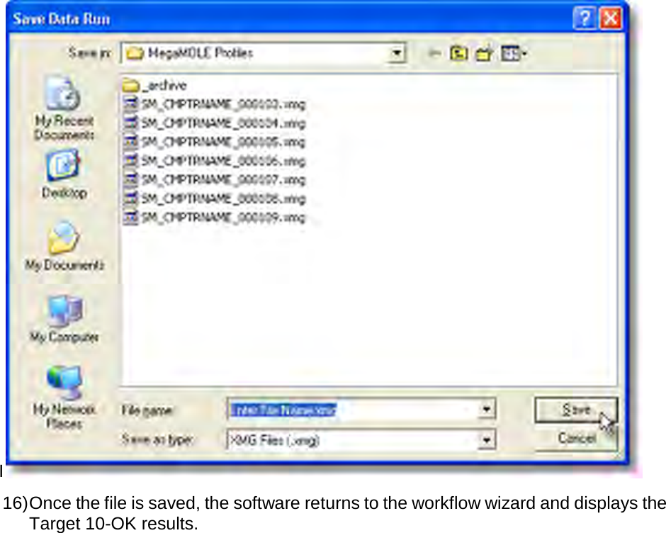       I 16) Once the file is saved, the software returns to the workflow wizard and displays the Target 10-OK results.  