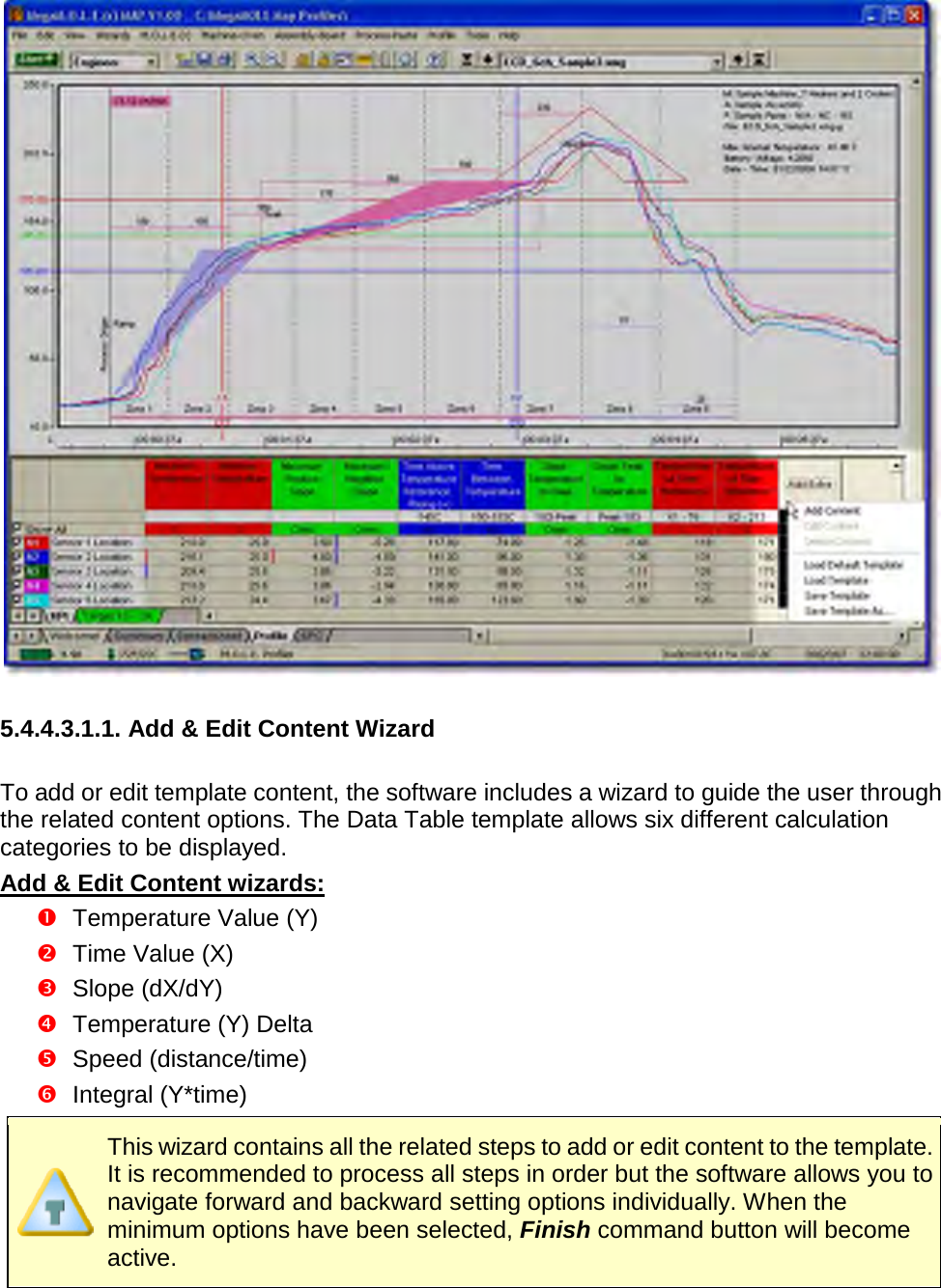         5.4.4.3.1.1. Add &amp; Edit Content Wizard  To add or edit template content, the software includes a wizard to guide the user through the related content options. The Data Table template allows six different calculation categories to be displayed. Add &amp; Edit Content wizards:  Temperature Value (Y)  Time Value (X)  Slope (dX/dY)  Temperature (Y) Delta  Speed (distance/time)  Integral (Y*time)  This wizard contains all the related steps to add or edit content to the template. It is recommended to process all steps in order but the software allows you to navigate forward and backward setting options individually. When the minimum options have been selected, Finish command button will become active. 