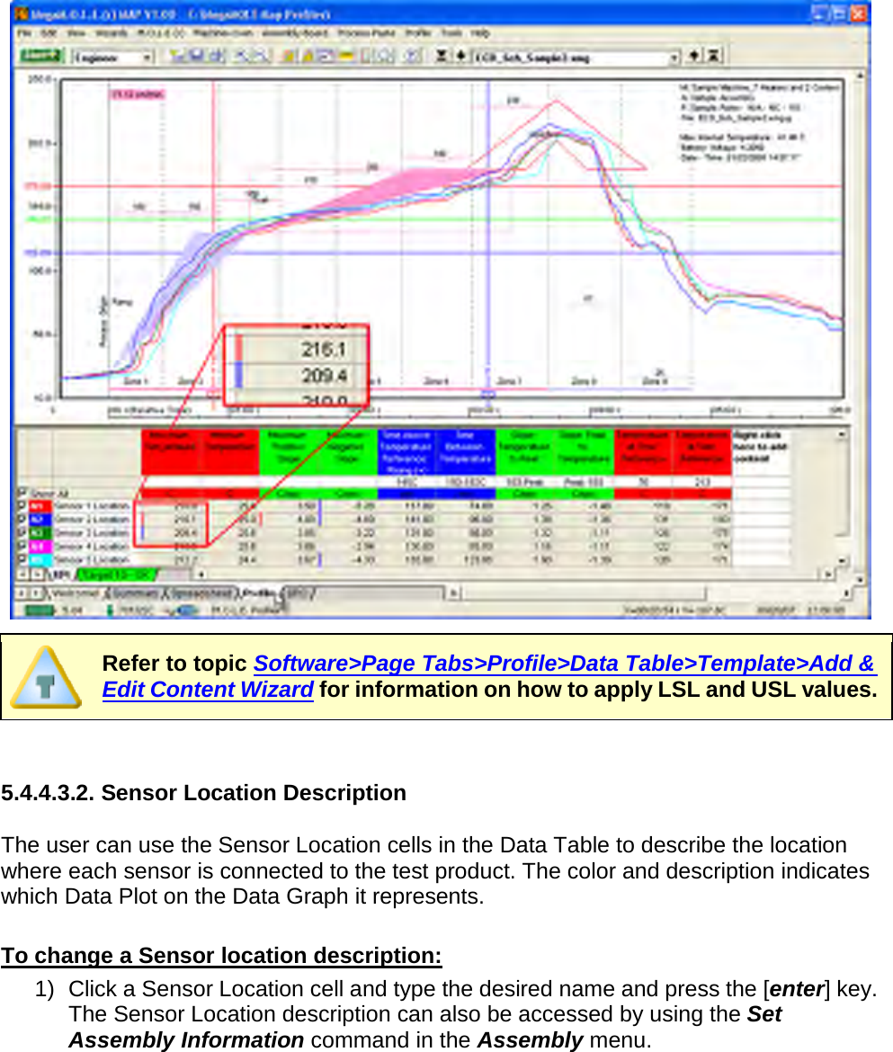         Refer to topic Software&gt;Page Tabs&gt;Profile&gt;Data Table&gt;Template&gt;Add &amp; Edit Content Wizard for information on how to apply LSL and USL values.   5.4.4.3.2. Sensor Location Description  The user can use the Sensor Location cells in the Data Table to describe the location where each sensor is connected to the test product. The color and description indicates which Data Plot on the Data Graph it represents.  To change a Sensor location description: 1) Click a Sensor Location cell and type the desired name and press the [enter] key. The Sensor Location description can also be accessed by using the Set Assembly Information command in the Assembly menu. 