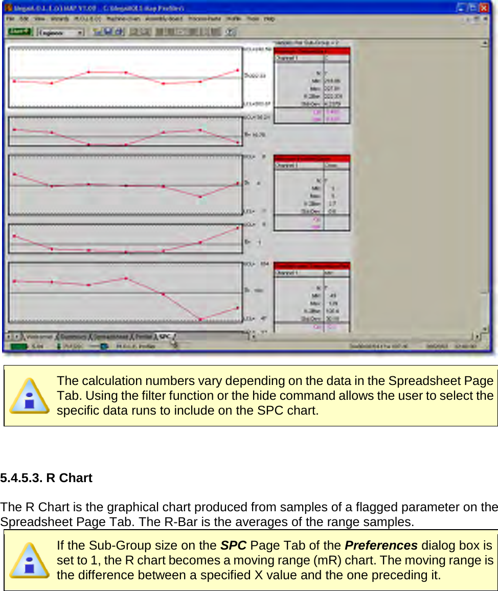         The calculation numbers vary depending on the data in the Spreadsheet Page Tab. Using the filter function or the hide command allows the user to select the specific data runs to include on the SPC chart.    5.4.5.3. R Chart  The R Chart is the graphical chart produced from samples of a flagged parameter on the Spreadsheet Page Tab. The R-Bar is the averages of the range samples.  If the Sub-Group size on the SPC Page Tab of the Preferences dialog box is set to 1, the R chart becomes a moving range (mR) chart. The moving range is the difference between a specified X value and the one preceding it. 