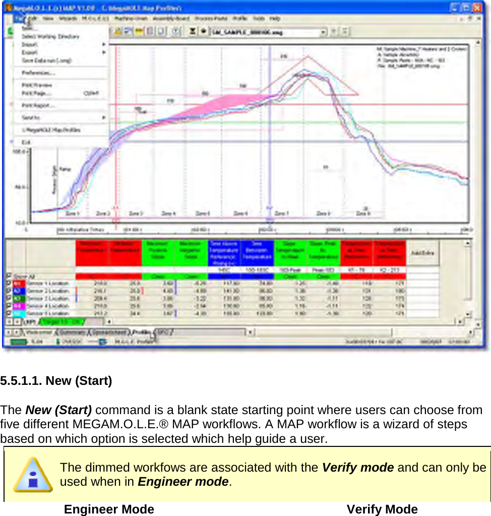         5.5.1.1. New (Start)  The New (Start) command is a blank state starting point where users can choose from five different MEGAM.O.L.E.® MAP workflows. A MAP workflow is a wizard of steps based on which option is selected which help guide a user.  The dimmed workfows are associated with the Verify mode and can only be used when in Engineer mode. Engineer Mode Verify Mode 