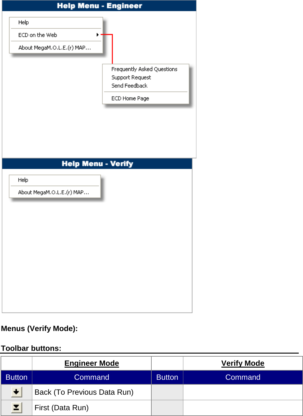         Menus (Verify Mode):  Toolbar buttons:  Engineer Mode  Verify Mode Button Command Button Command  Back (To Previous Data Run)      First (Data Run)     