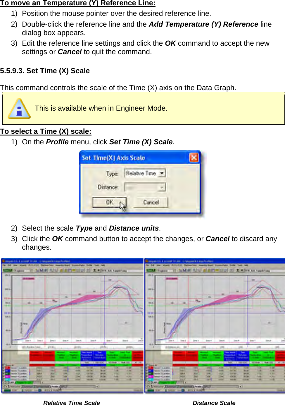       To move an Temperature (Y) Reference Line: 1) Position the mouse pointer over the desired reference line. 2) Double-click the reference line and the Add Temperature (Y) Reference line dialog box appears. 3) Edit the reference line settings and click the OK command to accept the new settings or Cancel to quit the command.  5.5.9.3. Set Time (X) Scale  This command controls the scale of the Time (X) axis on the Data Graph.  This is available when in Engineer Mode. To select a Time (X) scale: 1) On the Profile menu, click Set Time (X) Scale.  2) Select the scale Type and Distance units. 3) Click the OK command button to accept the changes, or Cancel to discard any changes.   Relative Time Scale Distance Scale 